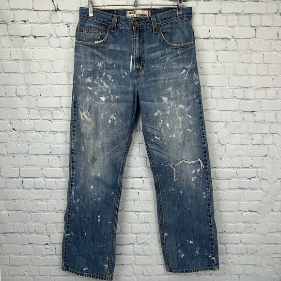 Levis 569 Loose Straight Jeans Distressed Paint Splattered Denim Blue Mens 30x31 - Picture 2 of 10